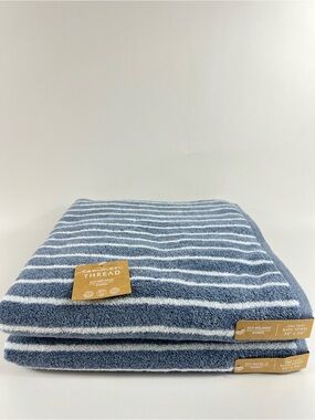 Common Thread Bath Towels Bamboo Blue White Wide Stripe Cotton 2 Pc Set NEW